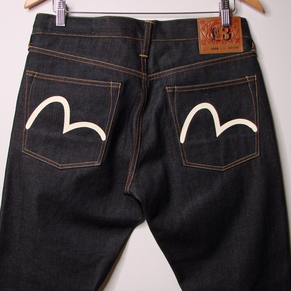 Evisu No 3 Selvedge Jeans Custom Made Dark Wash White Seagull Logo 32 x 34